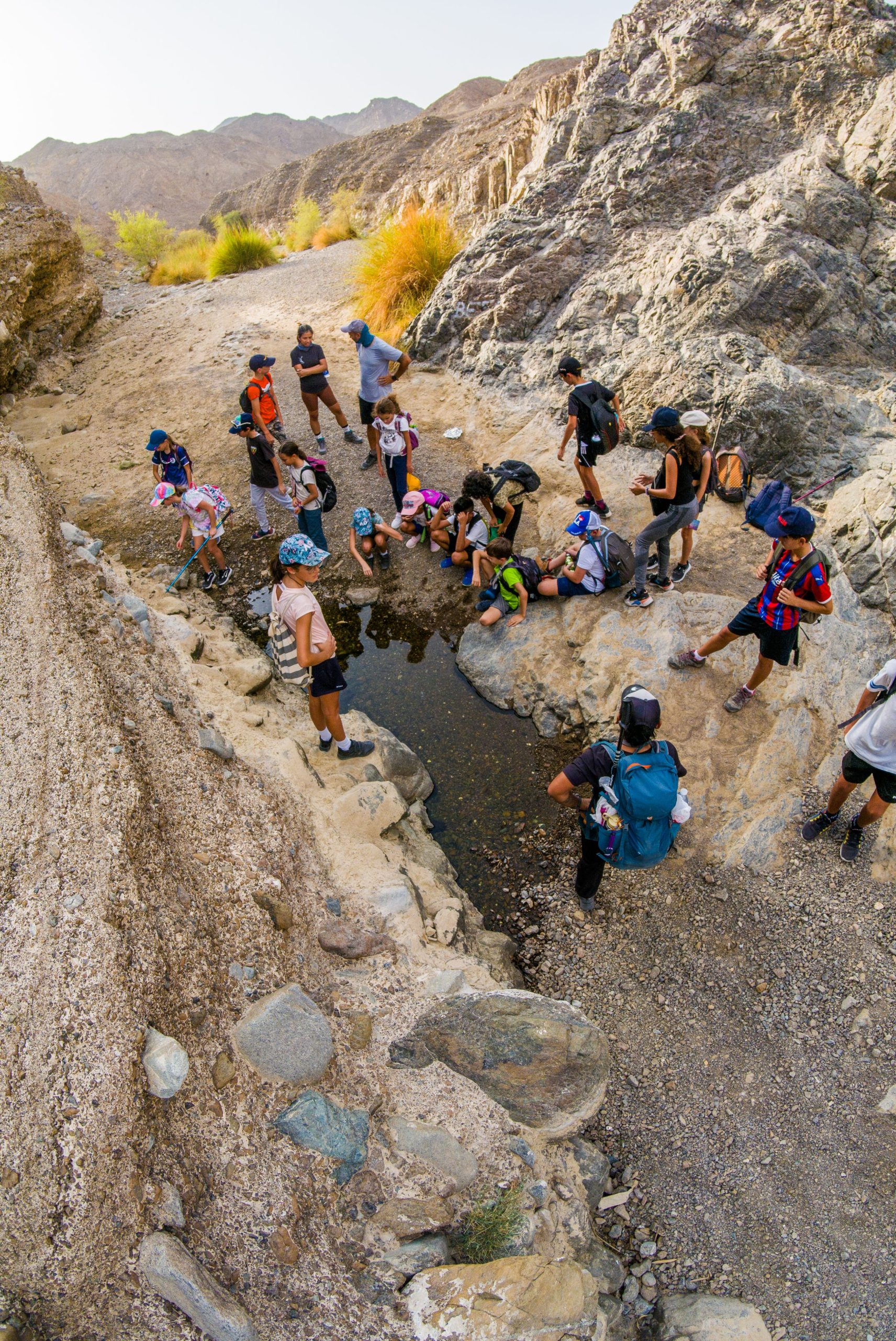 Group of hikers gather around a small water pool in a rocky desert area.