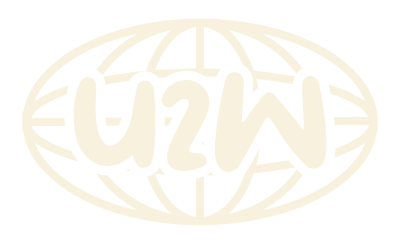 Cream-colored logo with U2W in stylized font inside an oval shape.