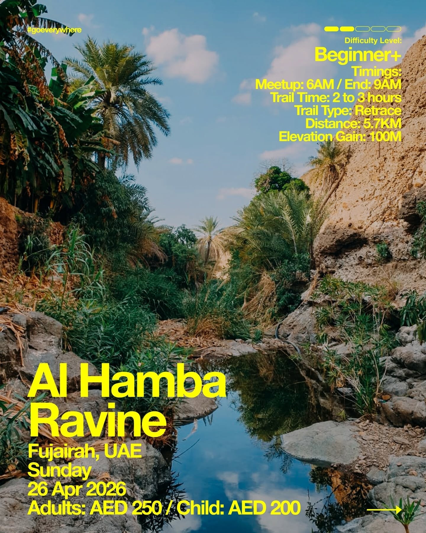 Scenic canyon with green trees, event details overlayed in yellow text: Al Hamba Ravine, Fujairah, UAE, 26 Apr 2026.