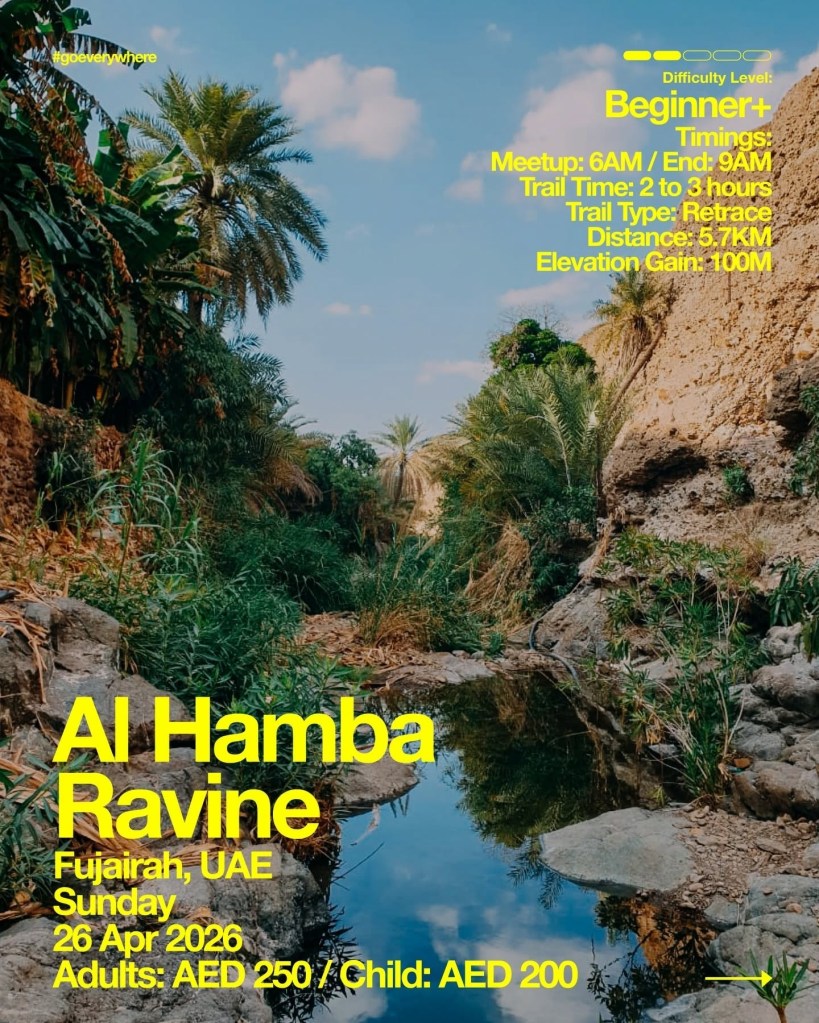 Scenic canyon with green trees, event details overlayed in yellow text: Al Hamba Ravine, Fujairah, UAE, 26 Apr 2026.