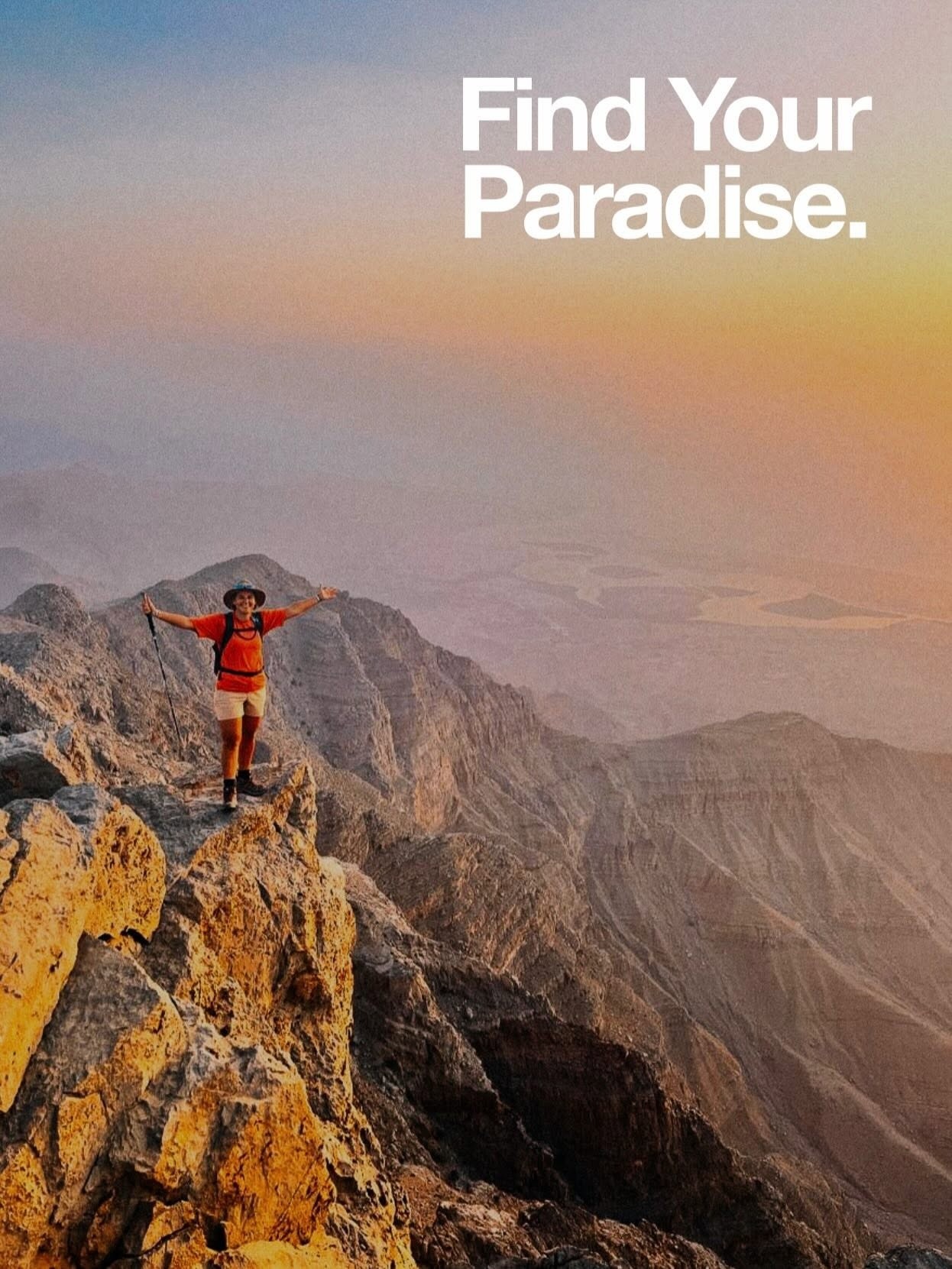 Hiker on rocky mountain at sunset with 'Find Your Paradise' text.