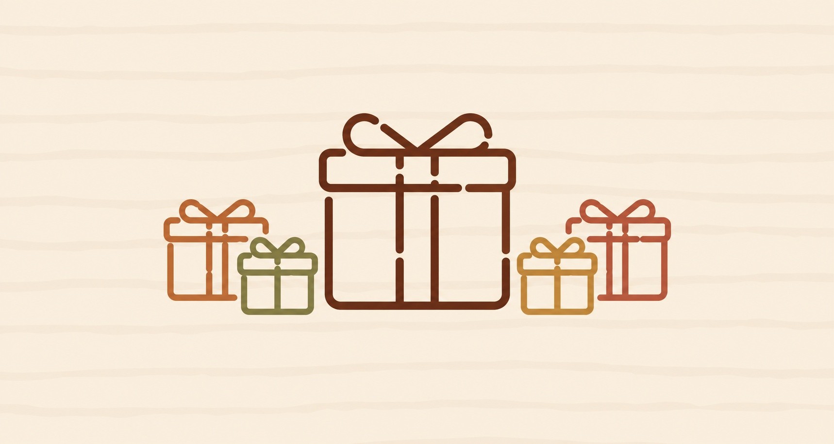 Illustration of five gift boxes in red, green, and brown outlines on beige background.
